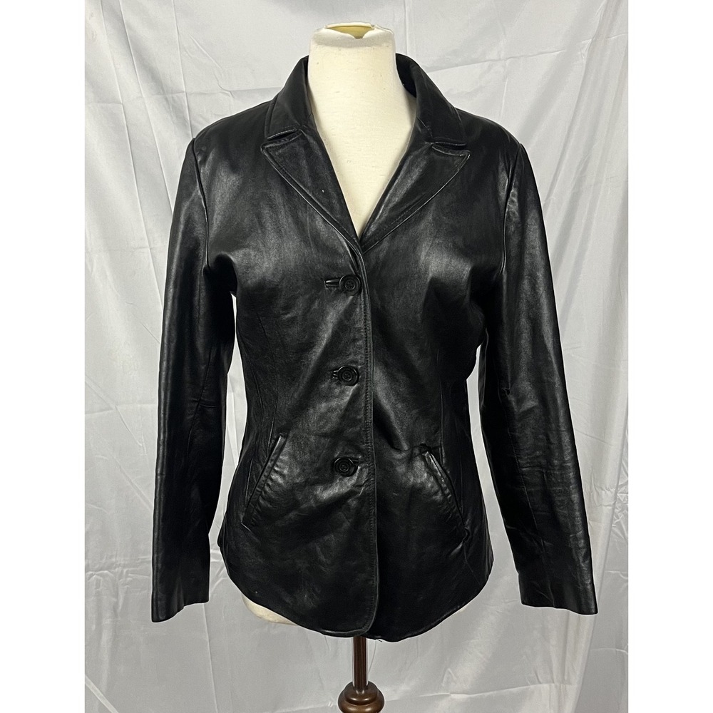 Wilsons Leather Blazer Jacket Womens M Black 3-Button Repair Distressed